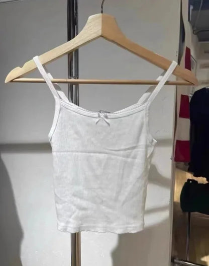 Retro Patchwork Ribbed Cotton Tops Women Summer Sweet Ruffle Square Collar Sleeveless Bow Camis Vintage Chic Slim Crop Top 2024