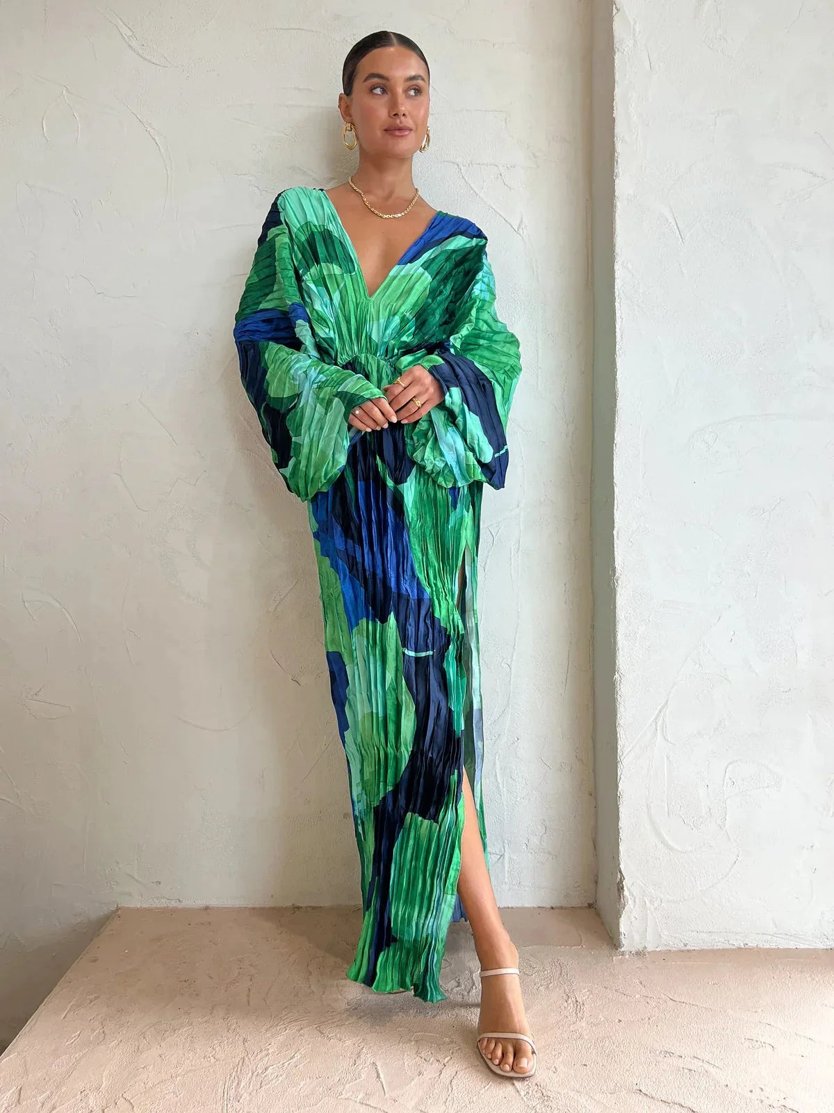 2024 Long Sleeve Pleated Loose Green Blue Beach Dress Long Beach Cover up Woman Swimwear Bikini Tunic Beachwear Outfit Sundress
